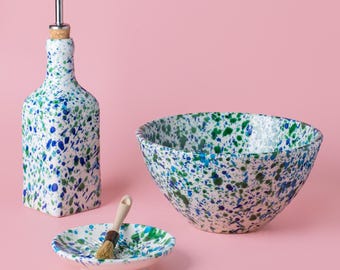 Handmade Salad Set - Grater Plate, Salad Bowl & Olive Oil Dispenser - Artisan Kitchenware - Mediterranean Kitchen / Blue with Speckles CORAL