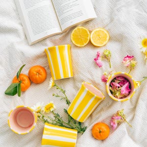 Könnte beinhalten: Draufsicht auf ein offenes Buch, gelb-weiß gestreifte Tassen, Mandarinen, Zitronenhälften und Blumen auf einer weißen Oberfläche. Die Tassen haben eine rosa Innenseite. Die Mandarinen sind leuchtend orange. Die Blumen sind weiß und rosa.