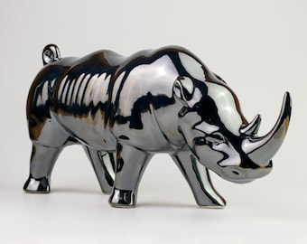 Ceramic Rhinoceros Sculpture - colorfull - Rhinoceros Lover's Gift - Rustic Rhinoceros Sculpture - Decorative Rhinoceros Statue / WHITE