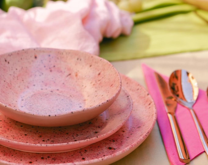 Handmade Stoneware Dinner Set: Rosalía Pink Ceramic Tableware, 3-Piece