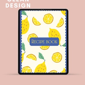 Può includere: Un tablet digitale che mostra una copertina di un libro di ricette con un motivo a limone. La copertina presenta limoni e fette gialle su uno sfondo crema, con il testo "RECIPE BOOK" su uno striscione blu. Il tablet ha un bordo nero.