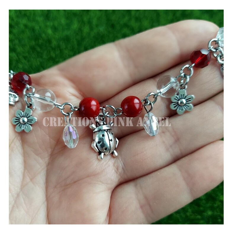 Cottagecore Ladybug Beaded Charm Bracelet, Chunky Cluster Clutter Red