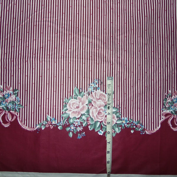 Vintage 1990 Daisy Kingdom florals and stripes border fabric cotton blend by 1/2 yard Burgundy