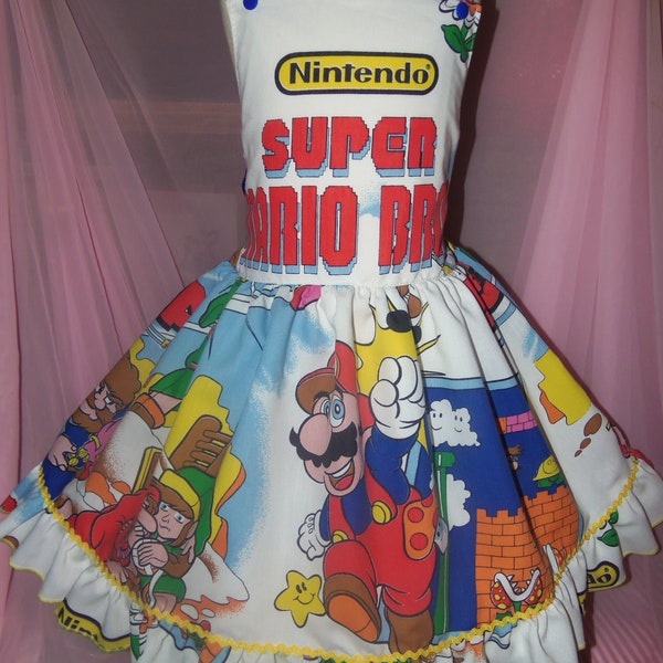 Super Mario Bros Nintendo Mario and  Friends  Kids Play  Pegeant dress party Vintage RARE fabric Girl's  Dress Size 5t  ruffles