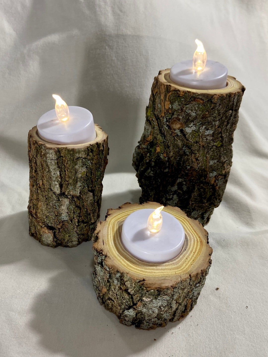 16 Set of 3 Rustic Wood Tea Light Holders With LED Tea Light Included Etsy