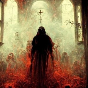 May include: A hooded figure stands in a church with a cross above them. The church is filled with a red mist and the figure is surrounded by shadowy figures.