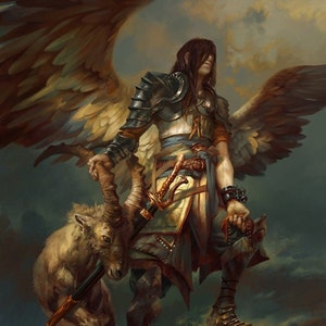 Pode incluir: Um guerreiro alado com armadura está em um penhasco rochoso com uma pequena criatura semelhante a uma cabra. O guerreiro segura uma espada e uma corrente com um pingente. O guerreiro tem cabelos longos e castanhos e usa uma faixa azul.
