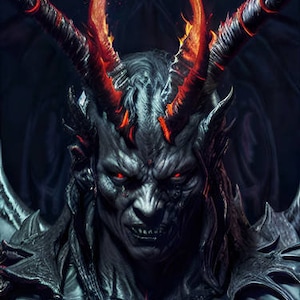 May include: A digital illustration of a demonic figure with red eyes and fiery horns. The creature has a dark complexion, sharp teeth, and a menacing expression. The artwork features intricate details and a dark, ominous atmosphere.