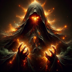 May include: A fiery, hooded figure with glowing eyes and outstretched hands, surrounded by swirling flames and sparks.