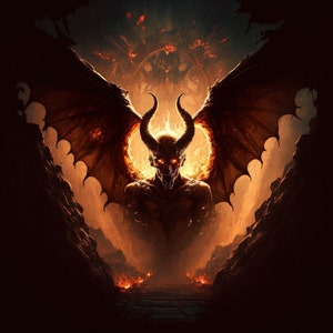 Puede incluir: Un demonio de fuego con grandes cuernos y alas se encuentra en un paisaje rocoso oscuro. El demonio está rodeado de llamas y tiene ojos rojos brillantes.