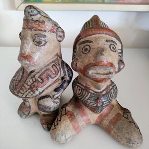 Pair Pre Columbian Hand Painted Reproduction? Souvenir? Figures 1960s Clay Ceramic Totemic
