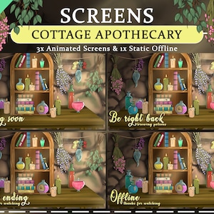 May include: Four animated screens for Twitch or YouTube streaming. The screens feature a cottage apothecary theme with a wooden shelf filled with books, candles, and potion bottles. The text on the screens reads "Starting soon", "Be right back", "Stream ending", and "Offline".