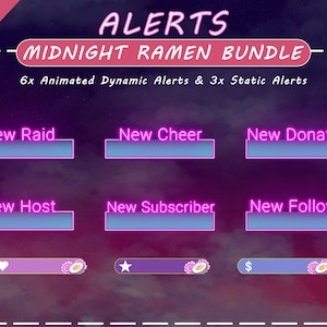 Animated &quot;Midnight Ramen&quot; Alerts | Twitch | Youtube | Facebook Gaming | Stream | Pastel | Cute | Neon | Lofi | Cozy | Pink | Purple
