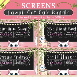 Puede incluir: Cuatro pantallas animadas para un stream de Twitch Kawaii Cat Cafe. Las pantallas presentan una pizarra negra con texto blanco que dice "Starting Soon", "Stream Ending", "Be Right Back", y "Offline". Cada pantalla tiene un gato blanco que asoma desde detrás de la pizarra.