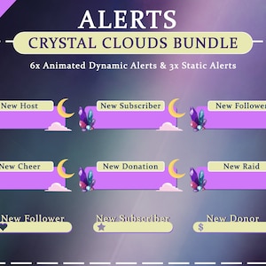 May include: A digital graphic featuring animated alerts for online streaming. The design includes purple and gold elements with crystal and moon graphics. Text includes "New Host," "New Subscriber," and "New Follower."