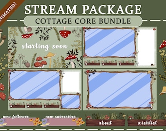 May include: A set of animated Twitch stream overlays with a cottagecore theme. The overlays feature a green background with mushrooms, leaves, and flowers. The text "starting soon", "new follower", "new subscriber", "about", and "wishlist" is included in the overlays.