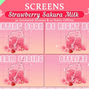 Animated Strawberry Sakura Milk Screens | Twitch | Youtube | Overlay | Stream | Offline | Pink