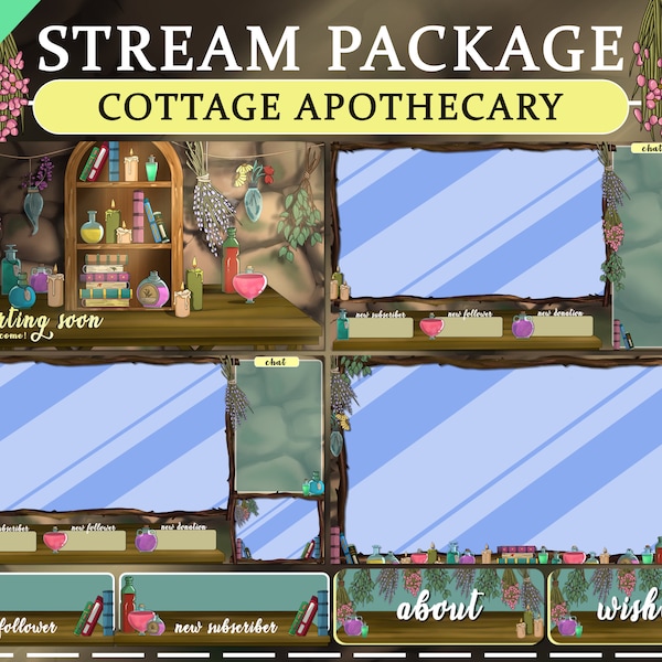 Animated Cottage Apothecary Twitch Aesthetic Bundle | Screens | Twitch | Overlay | Stream | Alerts | Witch | Plants | Potions | DnD