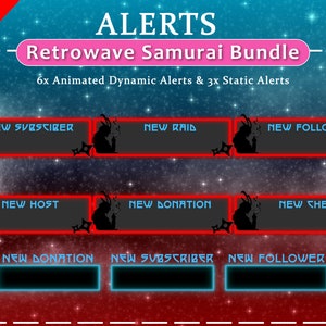 Op de afbeelding: Een digitale afbeelding met een sterrenachtergrond en de tekst "ALERTS Retrowave Samurai Bundle". Het bevat geanimeerde waarschuwingsvakken met tekst als "NEW SUBSCRIBER" en een samoerai-silhouet. Het woord "ANIMATED!" staat in de linkerbovenhoek.
