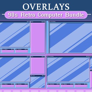 Peut inclure: Un ensemble de quatre superpositions numériques dans un style informatique rétro. Chaque superposition présente un motif à rayures diagonales bleues et bleu clair avec une bordure rose. Les superpositions sont étiquetées "Nouvelle diffusion", "Chat", "Caméra Web" et "Nouvel abonné", "Nouveaux abonnés" et "Nouveaux dons".