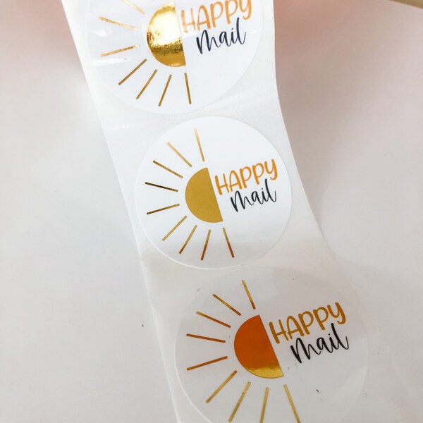 Mailed It 1.5 Inch Gold Foil Boho Sun Happy Mail Stickers - 250 Per Roll - for Small Business, Favors, Gifts, Envelopes, Weddings