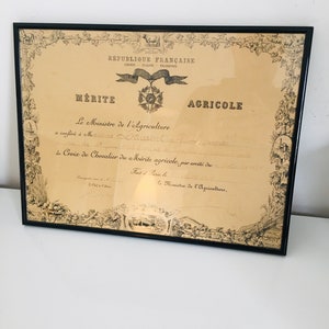 Cadre ancien Distinction Croix de Chevalier du Mérite Agricole 1946 France