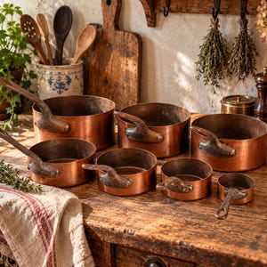 Set van 7 antieke koperen steelpannen – Antieke koperen pannen – IJzeren handvatten – Franse landelijke keuken – Vintage koper