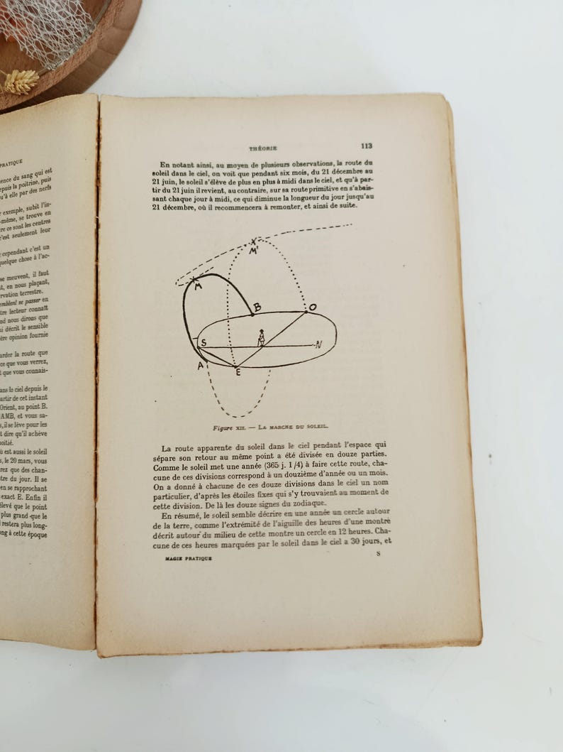 May include: Open book with text and diagrams. The page is from a vintage book, featuring French text and illustrations related to astronomy. The diagrams depict the sun's apparent path in the sky. The book is open on a white surface.