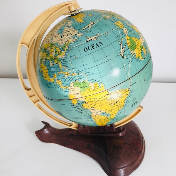 Rare Ancien petit globe terrestre en métal année 60 vintage West Germany