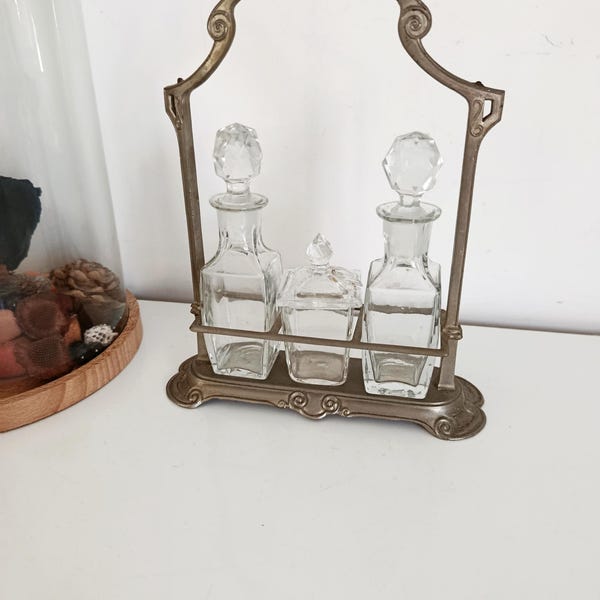 Antique silver-plated metal and glass oil and vinegar set – tableware – Art Nouveau – France, early 20th century