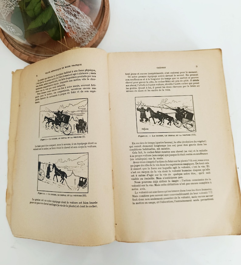 May include: Open book with French text and illustrations of horse-drawn carriages. The pages are aged with a yellowed tone. The illustrations depict a coachman and horses. The book is open to a double-page spread.