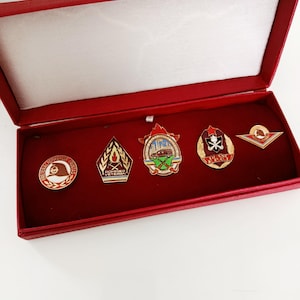Peut inclure: Un coffret de présentation rouge avec un intérieur blanc contient cinq épingles émaillées colorées. Les épingles présentent divers motifs, dont un écusson, un chapeau et un emblème ailé. La boîte est ouverte, révélant les épingles sur une doublure en velours rouge.