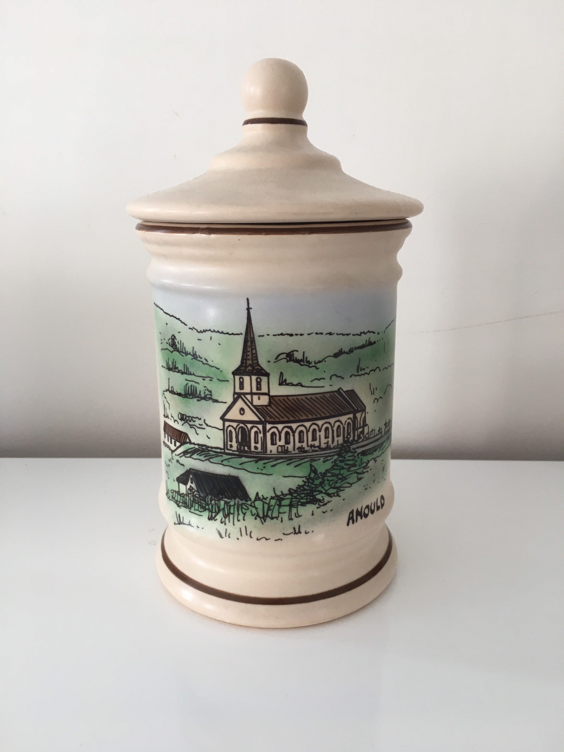 Pot à Épices Vintage en Céramique Peint Main Village Français Anould Vosges Vintage