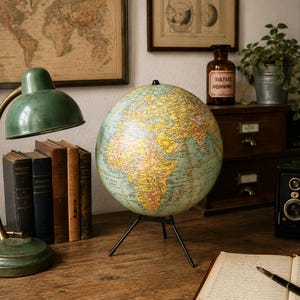 Puede incluir: Un globo terráqueo de estilo vintage con un mapa detallado del mundo en tonos amarillos y azules apagados, montado sobre un sencillo soporte de trípode de metal negro. El globo muestra etiquetas geográficas en francés, incluyendo continentes y océanos.