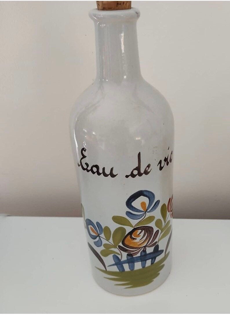 Ancienne Bouteille Eau de Vie Artisanale Peint Main