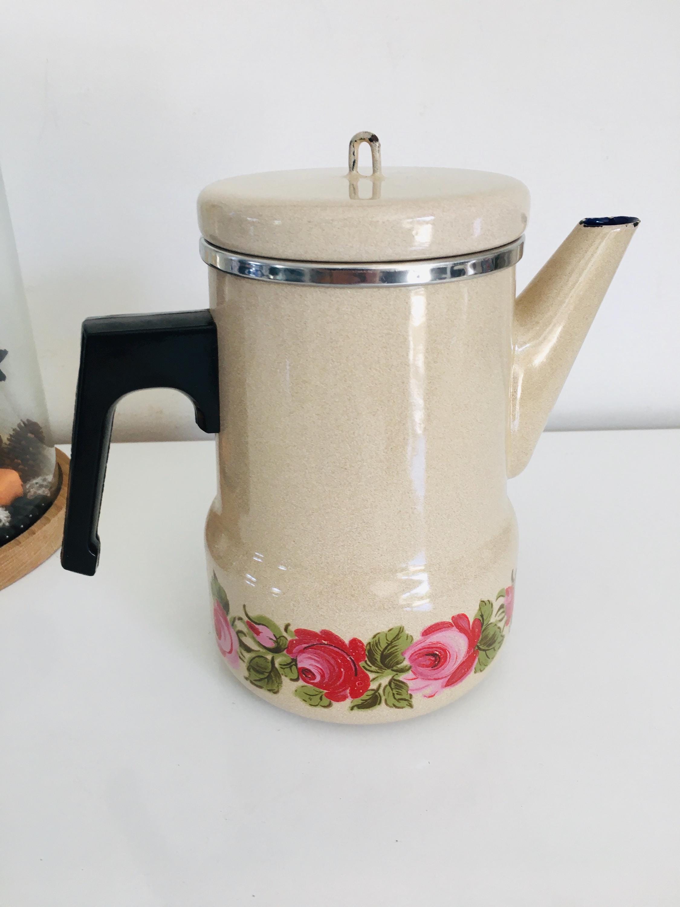 Old coffee pot / teapot in enamelled sheet metal with floral decoration from the 70s vintage