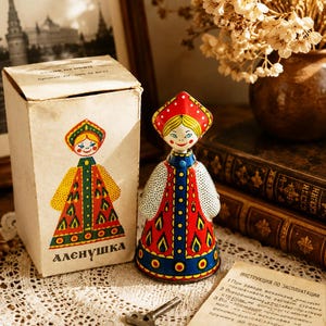 Puede incluir: Un juguete de cuerda de hojalata vintage que representa una figura con un vestido de estilo tradicional rojo y azul con un tocado kokoshnik a juego. El juguete viene con su caja de cartón original con el texto Alenushka y una llave de metal.