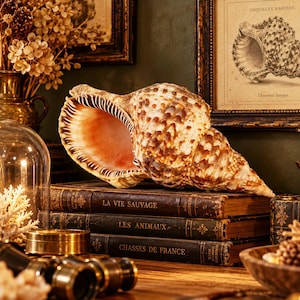 Peut inclure: Un grand coquillage triton texturé avec un extérieur marbré brun et crème et un intérieur lisse rose pâle. La coquille présente une forme en spirale avec une large ouverture cannelée et des crêtes brun foncé le long du bord intérieur.