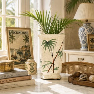 Peut inclure: Un grand vase en céramique couleur crème avec une finition craquelée, orné de tiges et de feuilles de bambou peintes à la main en vert. Le vase présente un bord évasé et une base carrée, contenant une plante palmier aux longues frondes.
