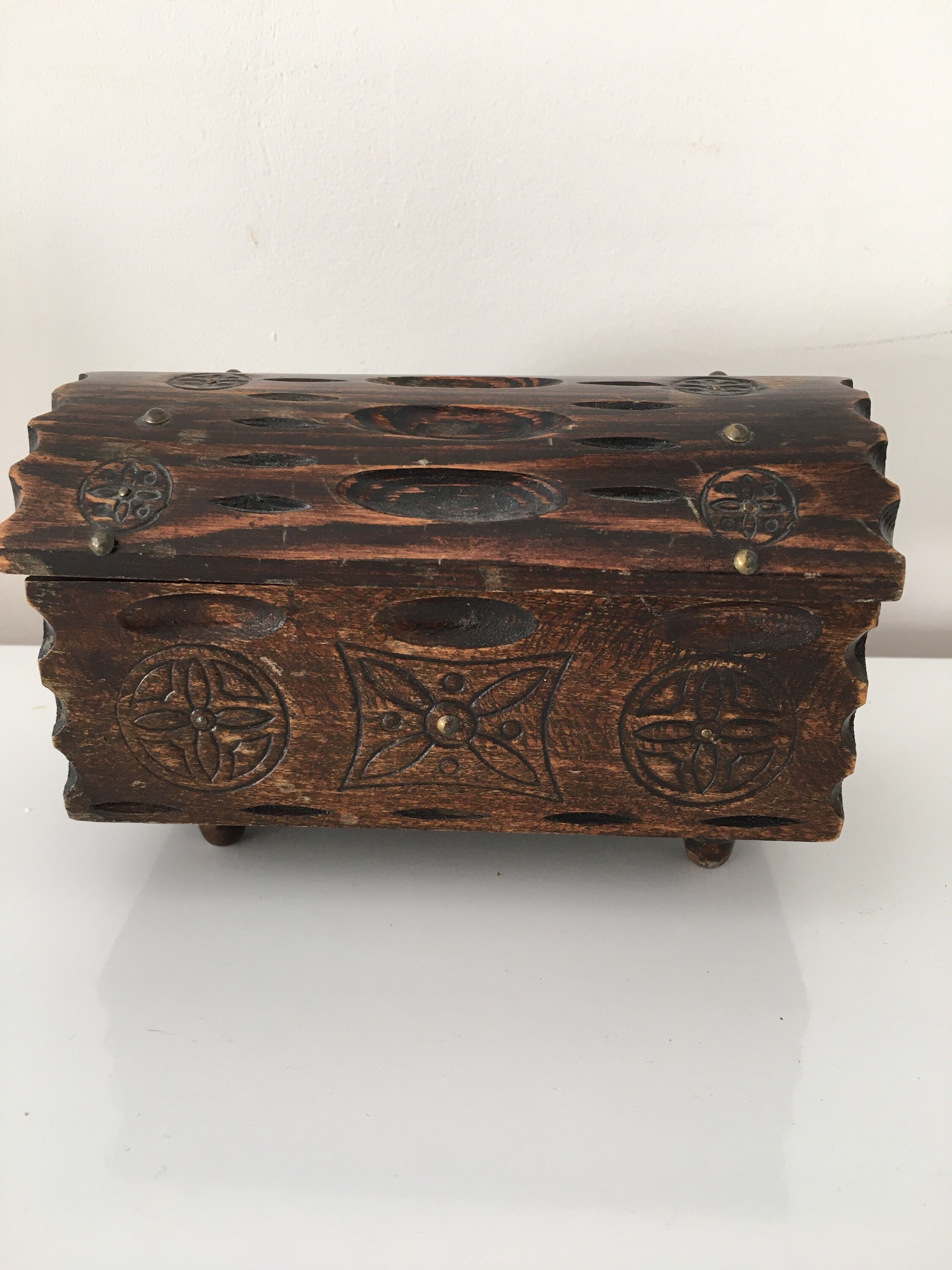 Petit Coffret en Bois Ancien Vintage Vide Poche Boîte à Bijoux