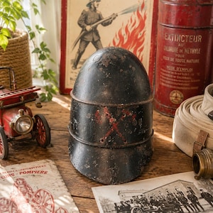 May include: A vintage black firefighter helmet with a rounded dome shape and three horizontal ridges. The surface shows signs of wear with chipped paint and a faded red cross symbol on the front. The helmet features small ventilation holes.