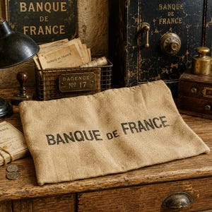 Vintage fransk säckväska från Bank of France – Fransk vintage bankväska – Industriell inredning – Bankväska från säckväv