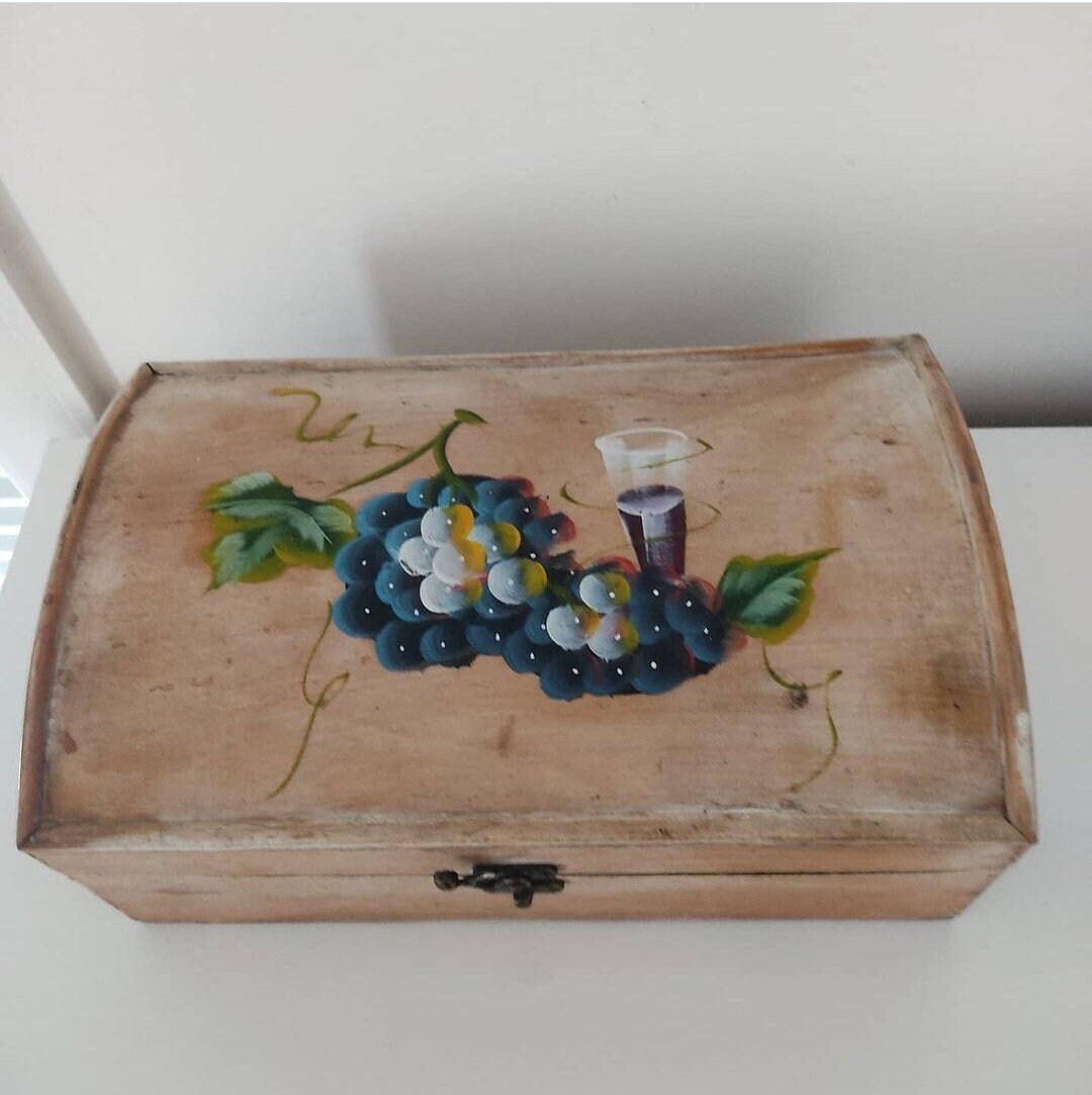 Ancienne Boîte en Bois Artisanale Vintage Décors Raisin