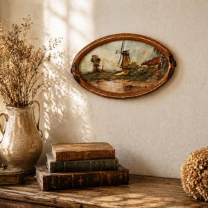 Cadre ovale ancien en bois – paysage moulin hollandais – peinture décorative vintage 1930-1950 – Cottagecore/ Farmhouse