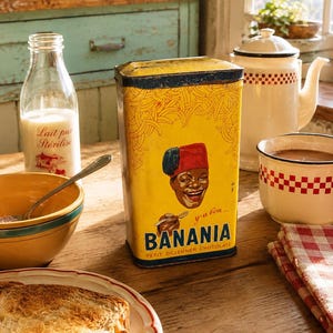 Könnte beinhalten: Eine rechteckige gelbe Metalldose mit einem Bananenmuster, einer Abbildung einer Person mit rotem Fes und dem Text "y'a bon... BANANIA PETIT DEJEUNER CHOCOLATE", der in Blau und Schwarz auf der Vorderseite des Behälters aufgedruckt ist.
