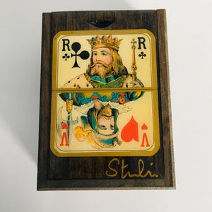 superbe boîtier à jeu de carte en bois décors carte vintage avec jeu de carte