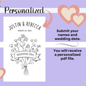 May include: Personalized wedding invitation template with a floral bouquet illustration and the text "JUSTIN & REBECCA AUGUST 24, 2024 WEDDING DAY".
