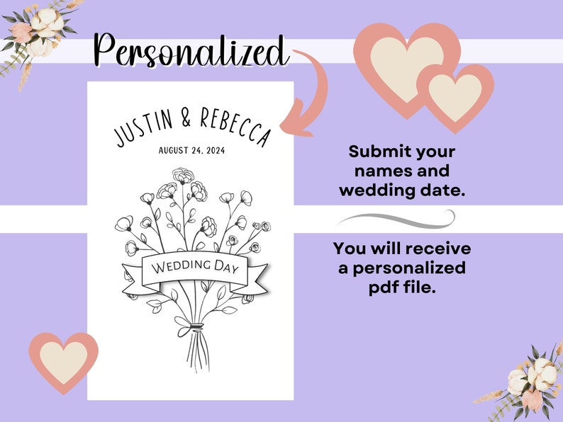 May include: Personalized wedding invitation template with a floral bouquet illustration and the text "JUSTIN & REBECCA AUGUST 24, 2024 WEDDING DAY".