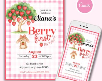Berry First Birthday Invitation | Canva Editable Berry 1st Birthday Invite Digital Printable Baby's First Party Evite
