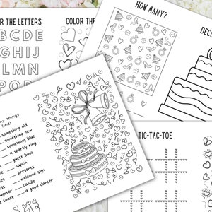 May include: A printable wedding activity booklet with black and white illustrations. The booklet includes activities such as coloring the letters, I Spy, How Many, Tic-Tac-Toe, and Decorate the Cake.